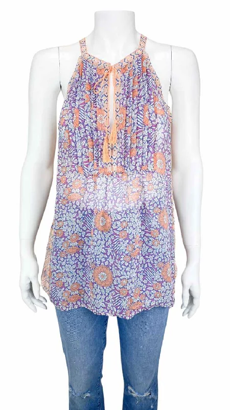 Joie, Women's Pleated Yoke Printed Silk Tank, Tangerine/Multi, Size M lace back tank