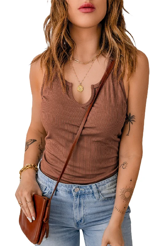 Brown ribbed tank cotton tank top