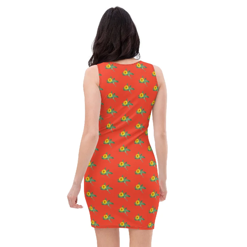 Red Floral Sunflower Print Dress, Sunflower Print Sleeveless Women's Dress - Made in USA/EU/MX Tunics Essential wardrobe Red Floral Sunflower Print Dress, Sunflower Print Sleeveless Women's Dress - Made in USA/EU/MX Tunics Essential wardrobe