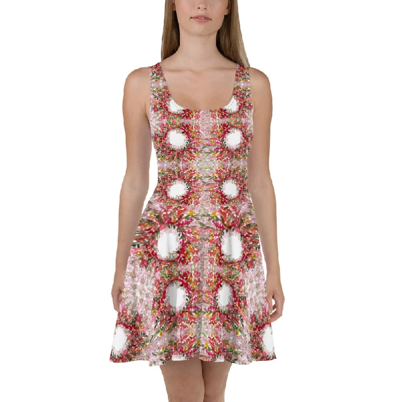 Red Floral Women's Skater Dress, Fall-Themed Flower Print Sleeveless A-line Dress-Made in USA/EU/MX Tunics Corduroy durable Red Floral Women's Skater Dress, Fall-Themed Flower Print Sleeveless A-line Dress-Made in USA/EU/MX Tunics Corduroy durable