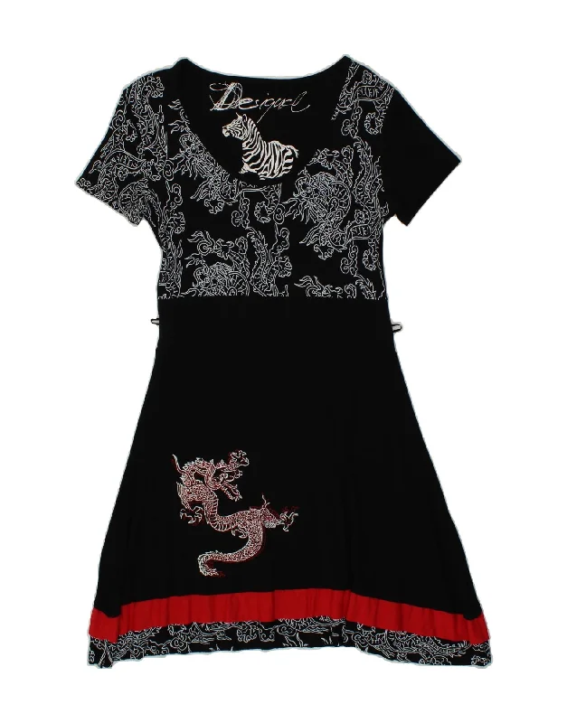 DESIGUAL Womens Graphic A-Line Dress UK 12 Medium Black Animal Print Casual Short Summer DESIGUAL Womens Graphic A-Line Dress UK 12 Medium Black Animal Print Casual Short Summer
