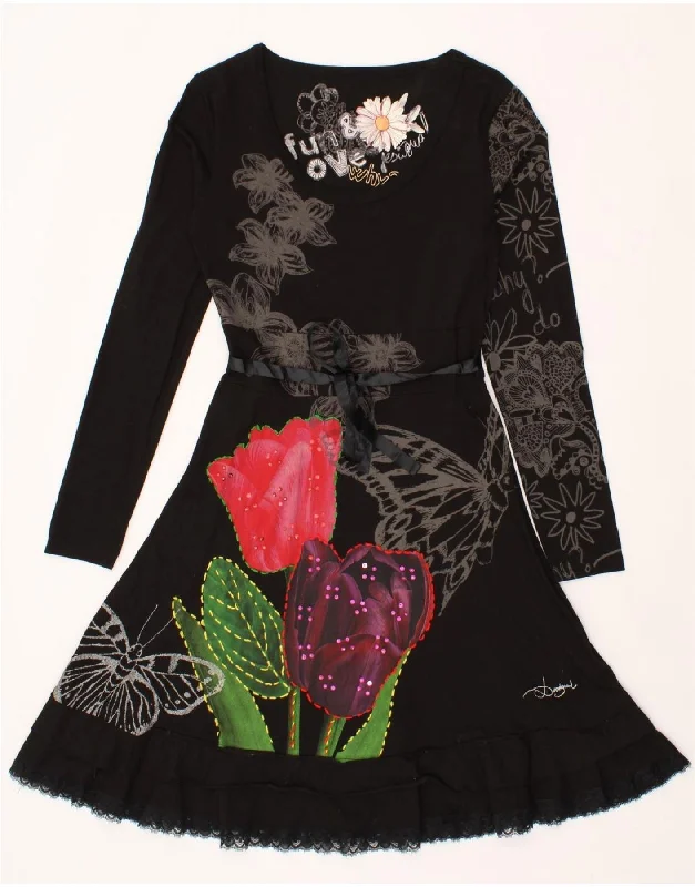 DESIGUAL Womens Graphic Long Sleeve A-Line Dress UK 10 Small Black Floral Tunics Recommended stylist DESIGUAL Womens Graphic Long Sleeve A-Line Dress UK 10 Small Black Floral Tunics Recommended stylist