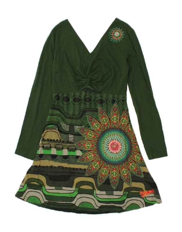 DESIGUAL Womens Graphic Long Sleeve A-Line Dress UK 12 Medium Green Floral Tunics Stylish elegant DESIGUAL Womens Graphic Long Sleeve A-Line Dress UK 12 Medium Green Floral Tunics Stylish elegant