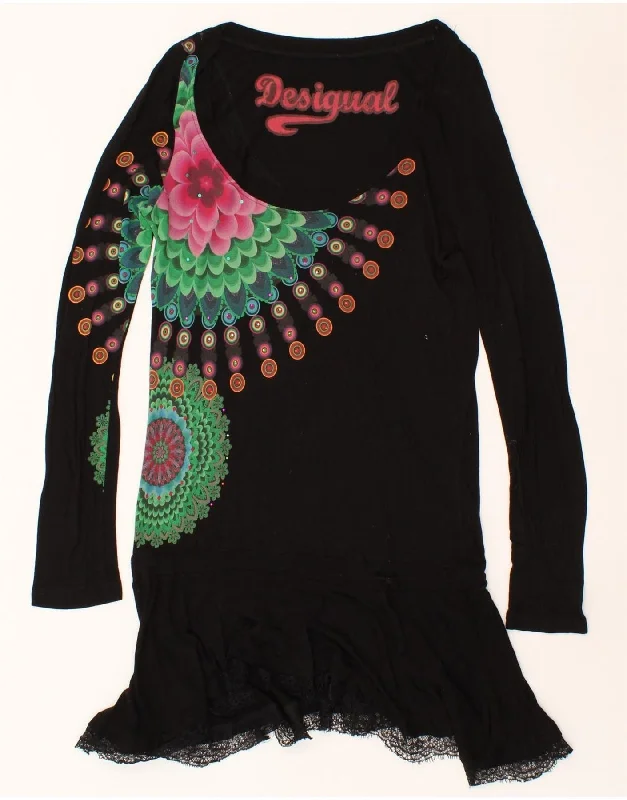 DESIGUAL Womens Graphic Long Sleeve Drop Waist Dress UK 12 Medium Black Shift Classic Vintage DESIGUAL Womens Graphic Long Sleeve Drop Waist Dress UK 12 Medium Black Shift Classic Vintage