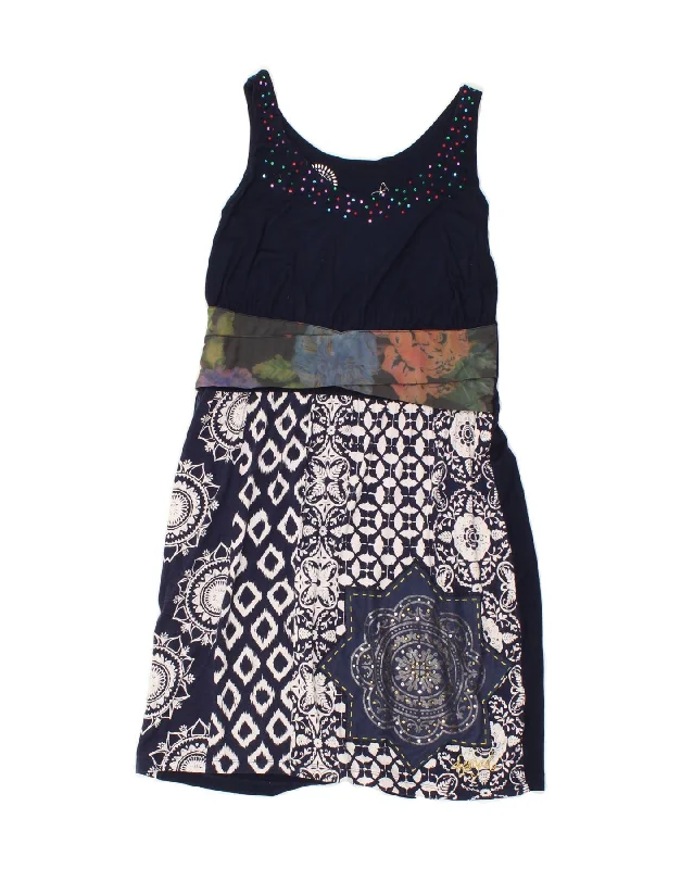 DESIGUAL Womens Sleeveless A-Line Dress UK 10 Small Navy Blue Patchwork Boat Neckline Classic DESIGUAL Womens Sleeveless A-Line Dress UK 10 Small Navy Blue Patchwork Boat Neckline Classic