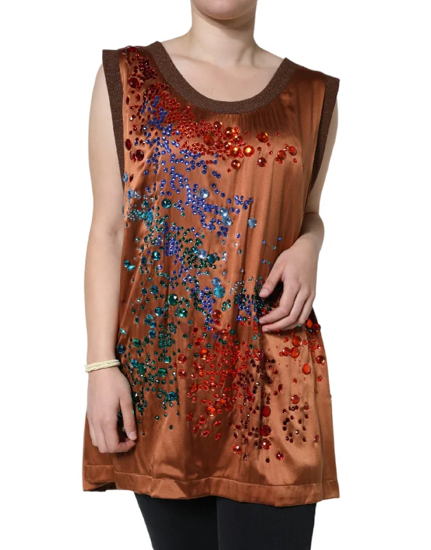 Brown Crystal Embellished Sleeveless Tank Top sequin tank top