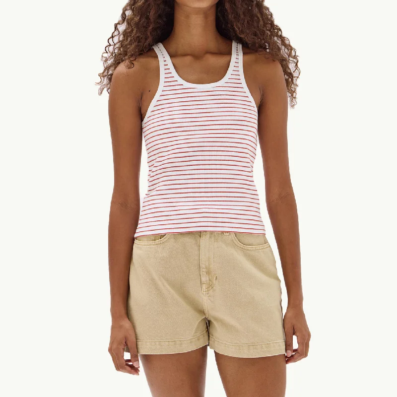 Drew Stripe Rib Tank - Papaya/White comfortable tank top