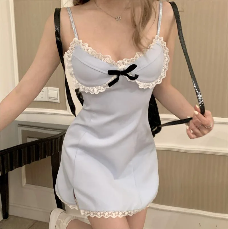 Blue Lace Sling Dress YV50056 Square Neckline Feminine