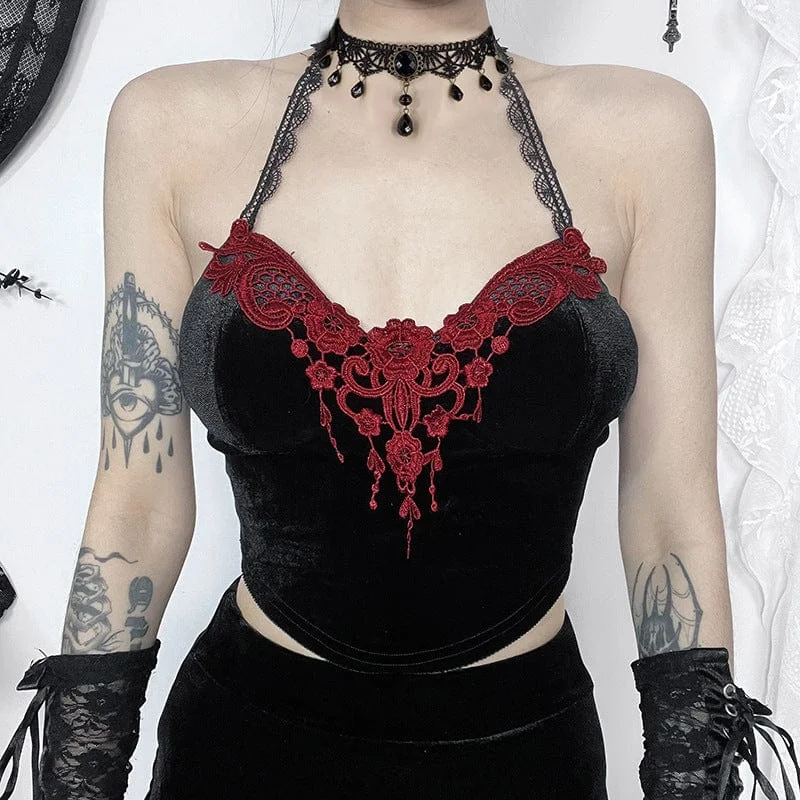 Women's Gothic Lace Splice Halterneck Tank Top lace tank top