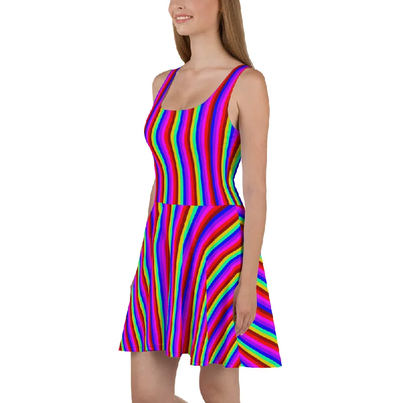 Rainbow Stripe Skater Dress, Gay Pride Parade Colorful Best Women's Dress-Made in EU Tunics Silk luxurious Rainbow Stripe Skater Dress, Gay Pride Parade Colorful Best Women's Dress-Made in EU Tunics Silk luxurious