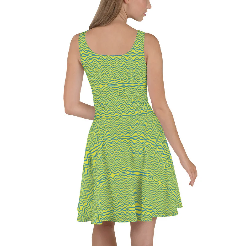 Yellow Blue Wavy Skater Dress, Abstract Colorful Waves Sleeveless Women's Dress-Made in USA/EU/MX Tunics Velvet soft Yellow Blue Wavy Skater Dress, Abstract Colorful Waves Sleeveless Women's Dress-Made in USA/EU/MX Tunics Velvet soft