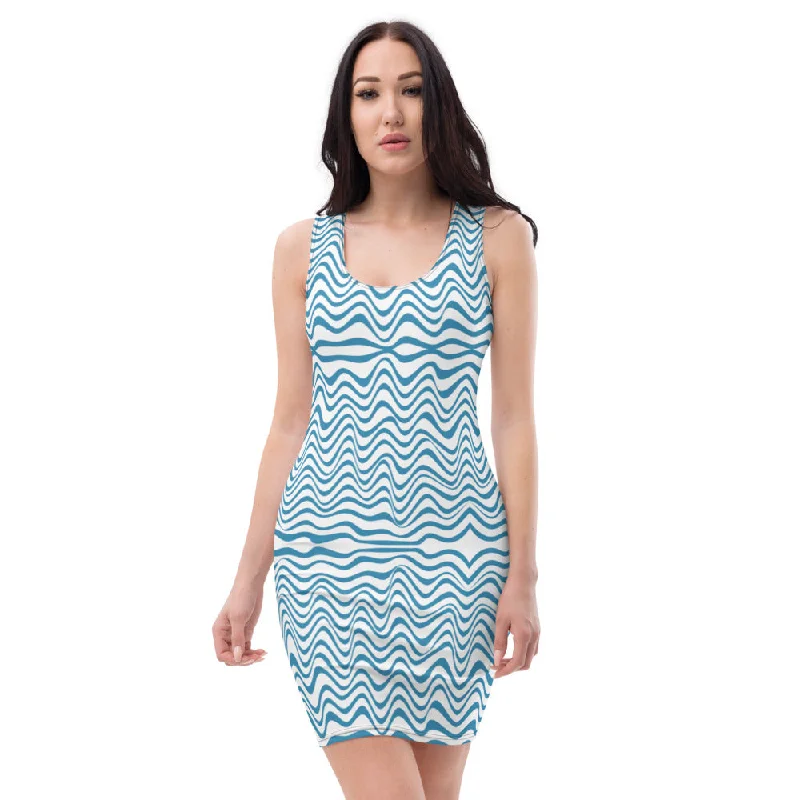 Blue Wavy Women's Dress, Abstract Waves Designer 1-pc Women's Dress - Made in USA/EU/MX Tunics Print Colorful Blue Wavy Women's Dress, Abstract Waves Designer 1-pc Women's Dress - Made in USA/EU/MX Tunics Print Colorful