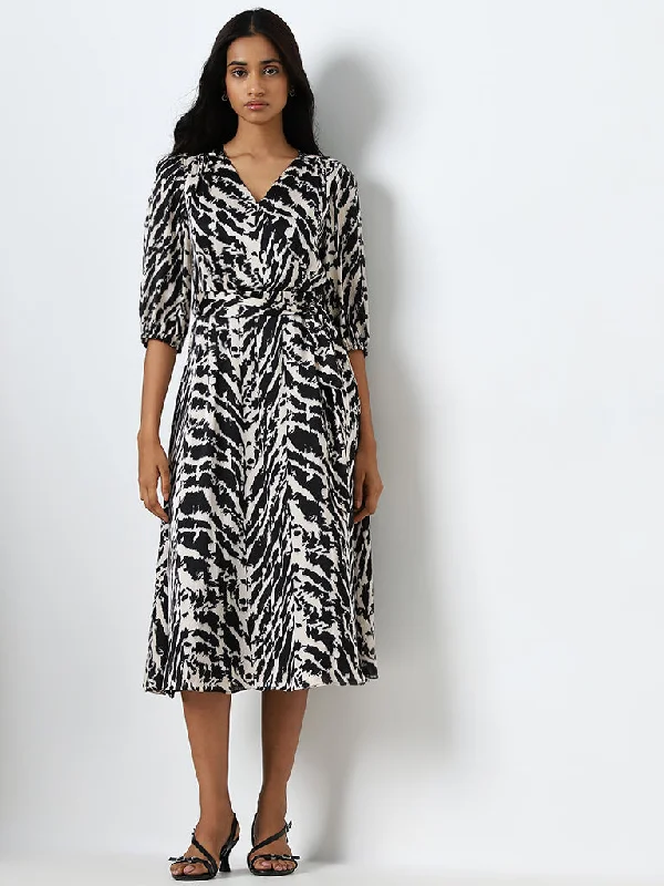 Wardrobe Black Animal Design A-Line Dress with Belt Tunics Occasion special