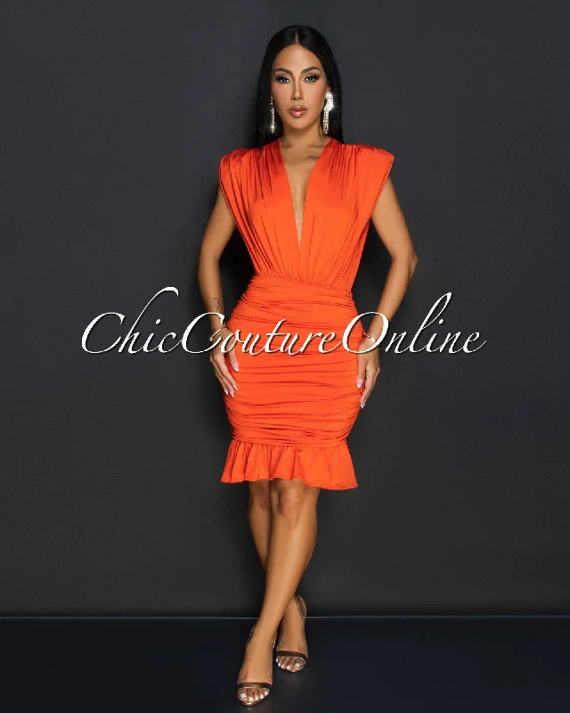 Amai Orange Deep-V Ruched Ruffle Dress Tunics Leisure comfortable