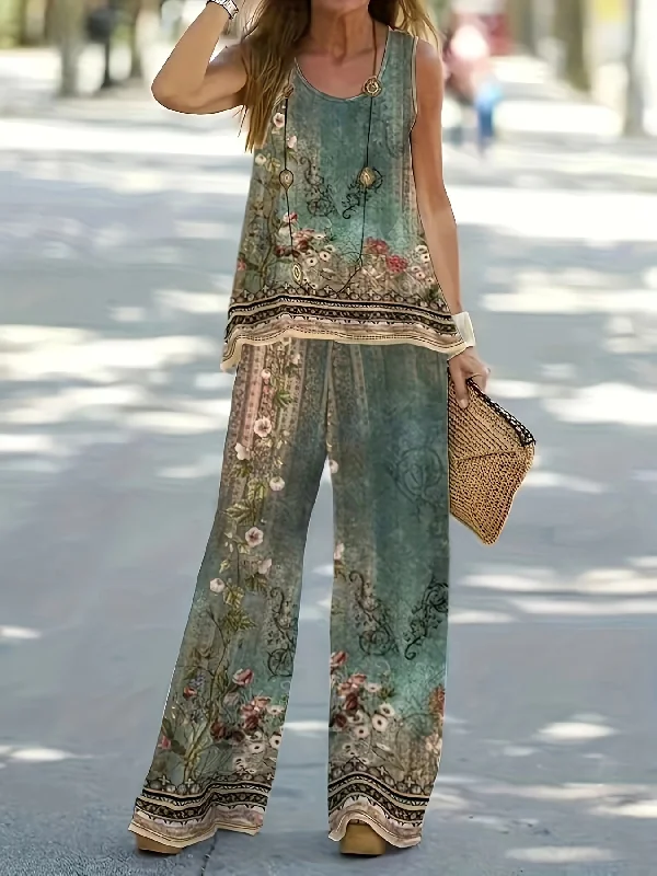 Floral Chic Womens Two-piece Set - Lightweight Sleeveless Tank Top & Flowy Pants Outfit - Perfect Summer Casual Wear for Fashion-Forward Ladies flowy tank top