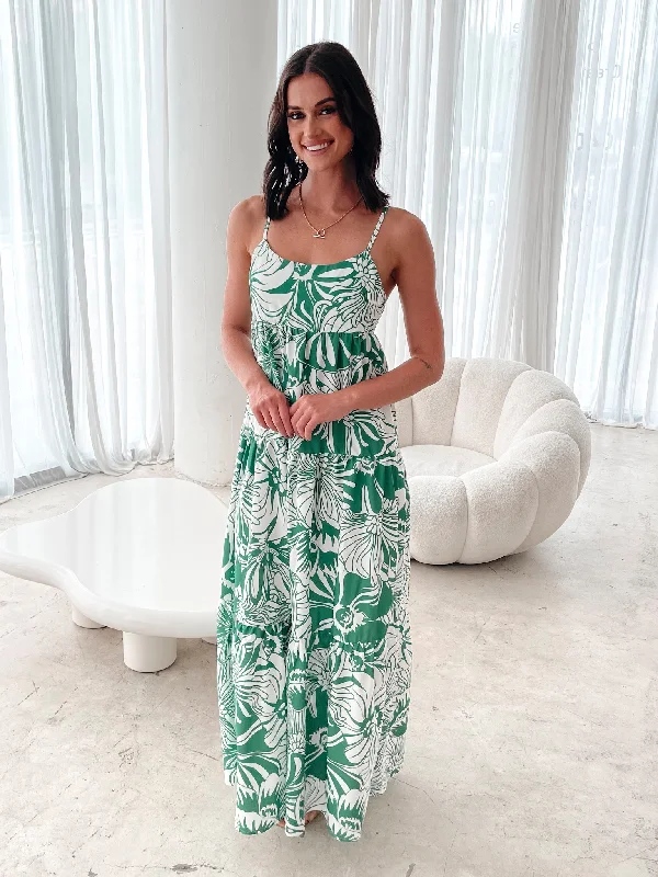 Oloria Dress - Green Floral Off-the-shoulder Chic Trendy