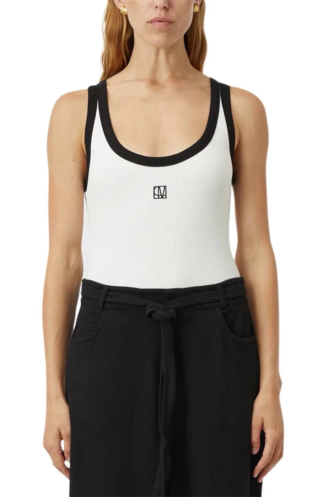 C&M  Nora Contrast Bind Scoop Neck Tank Soft White/Black cropped tank top
