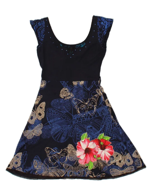 DESIGUAL Womens Graphic Sleeveless A-Line Dress UK 10 Small Navy Blue Cowl Neckline Elegant DESIGUAL Womens Graphic Sleeveless A-Line Dress UK 10 Small Navy Blue Cowl Neckline Elegant