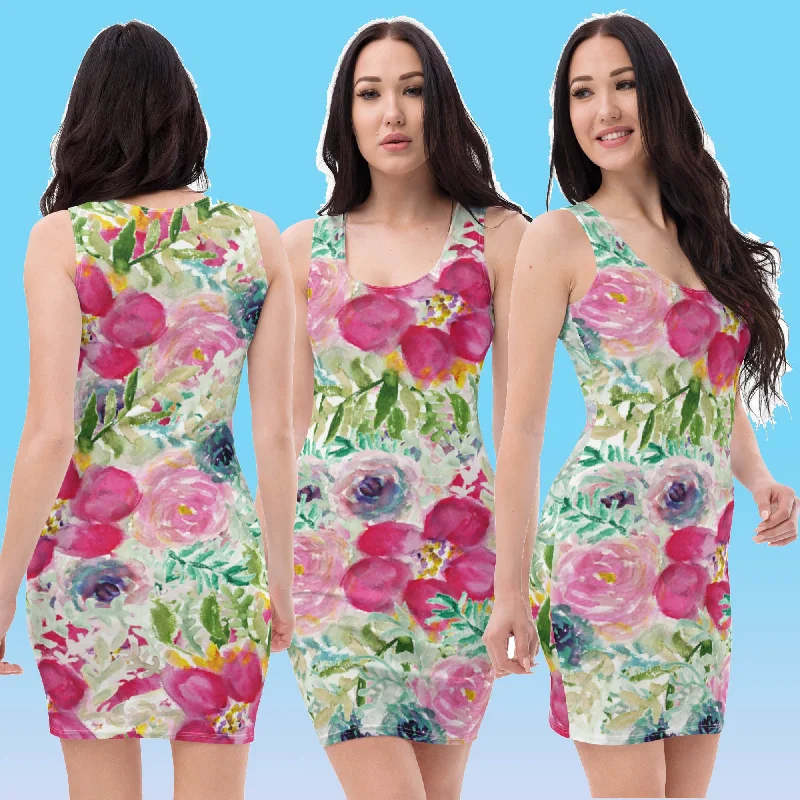 Pink Rose Floral Print Dress, Best Floral Print Designer Long Sleeveless Premium Women's Dress -Made in USA/EU Tunics Review highly Pink Rose Floral Print Dress, Best Floral Print Designer Long Sleeveless Premium Women's Dress -Made in USA/EU Tunics Review highly