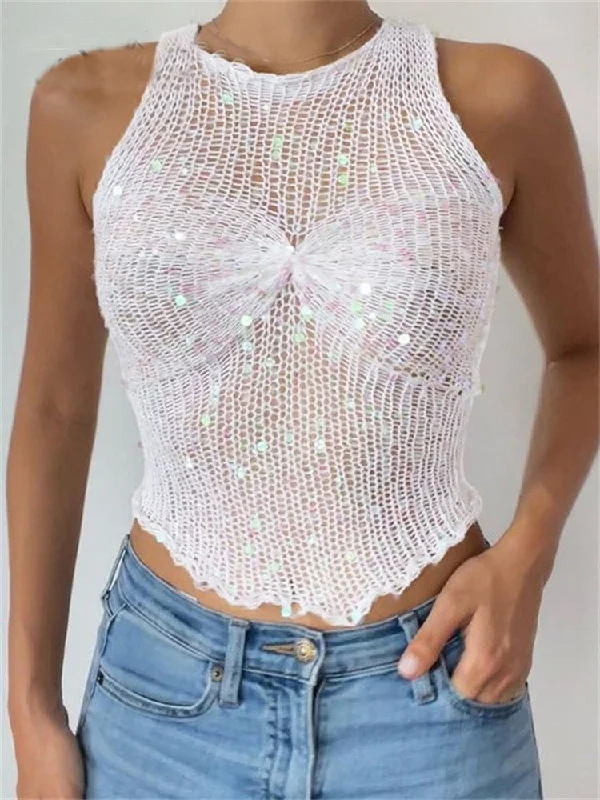 Ashore Shop Knitted Sequins O Neck Sleeveless Crop Tank Top fashionable tank top