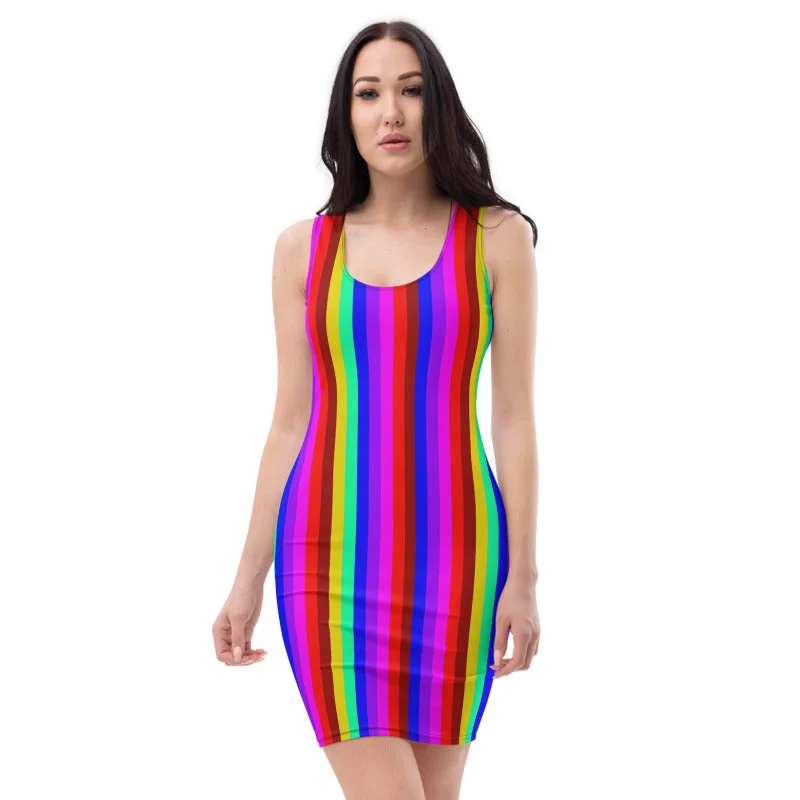 Rainbow Stripe Dress, Gay Pride Designer Long Sleeveless Women's Dress-Made in USA/EU Turtleneck Warm Winter Rainbow Stripe Dress, Gay Pride Designer Long Sleeveless Women's Dress-Made in USA/EU Turtleneck Warm Winter