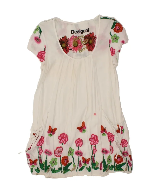 DESIGUAL Womens Graphic Tunic Dress UK 12 Medium White Floral Viscose Tunics Versatile stylish