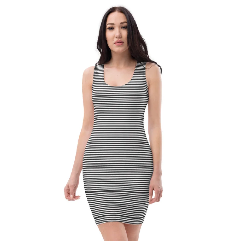 White Black Horizontally Striped Dress, Sleeveless 1-pc Designer Women's Stretchy Dress-Made in USA/EU Tunics stripes playful White Black Horizontally Striped Dress, Sleeveless 1-pc Designer Women's Stretchy Dress-Made in USA/EU Tunics stripes playful