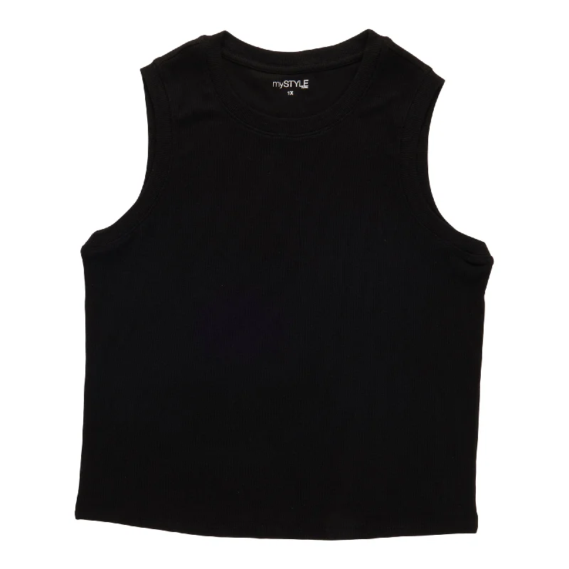 mySTYLE Women's Plus Festival Fitted Ribbed Crop Tank Top workout tank top