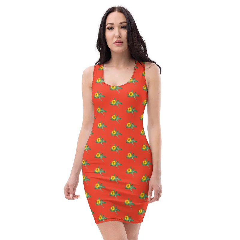 Bright Red Floral Sunflower Dress, Sunflower Print Sleeveless Women's Dress - Made in USA/EU/MX Tunics Versatile stylish Bright Red Floral Sunflower Dress, Sunflower Print Sleeveless Women's Dress - Made in USA/EU/MX Tunics Versatile stylish