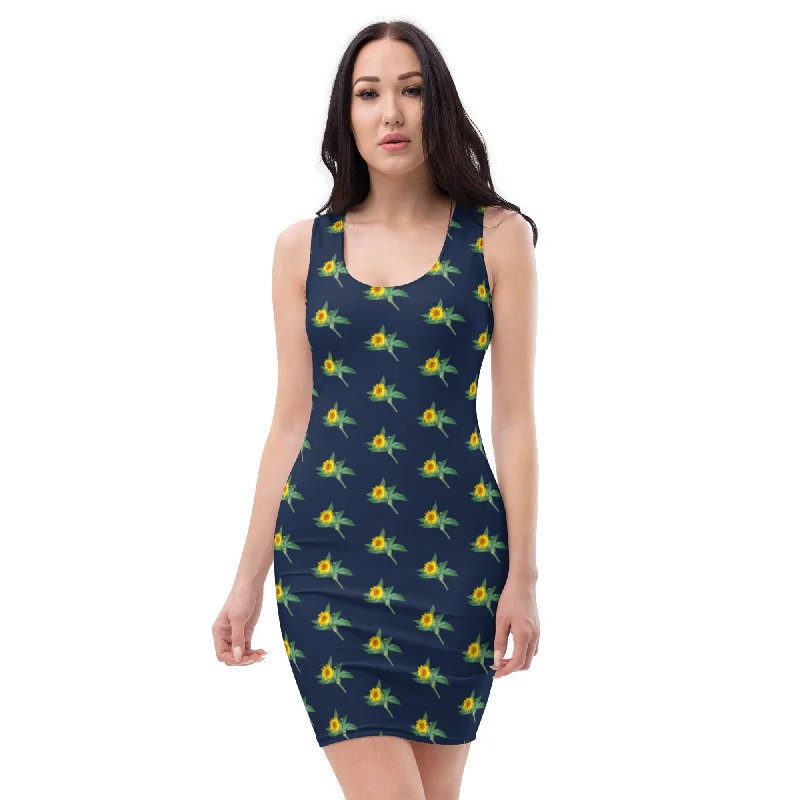 Dark Blue Sunflower Floral Dress, Sunflower Print Sleeveless Women's Dress - Made in USA/EU/MX Tunics Recommended stylist Dark Blue Sunflower Floral Dress, Sunflower Print Sleeveless Women's Dress - Made in USA/EU/MX Tunics Recommended stylist