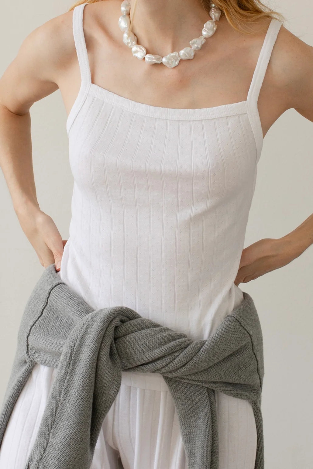White Pointelle Square Neck Tank sheer tank top