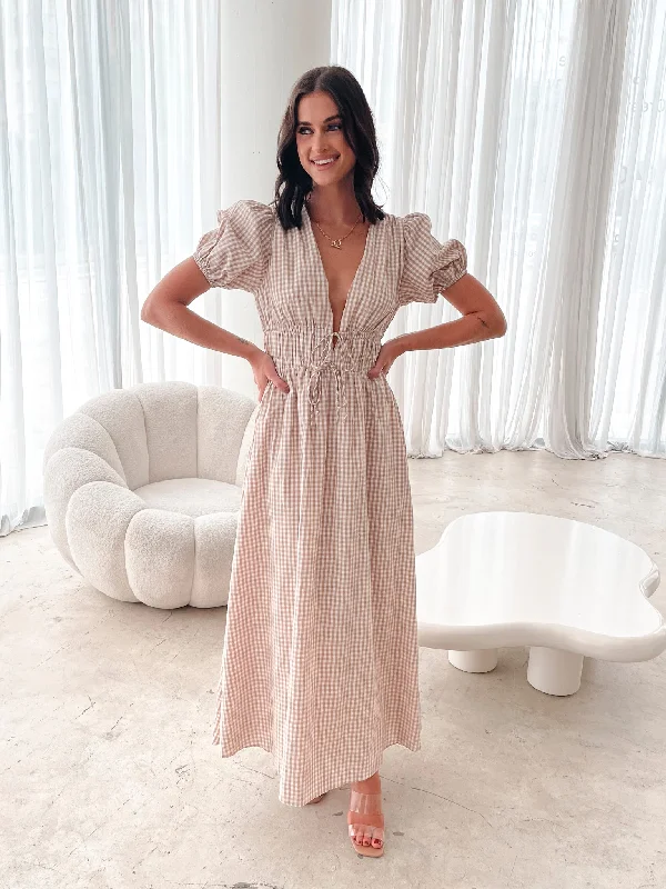 Dianara Dress - Beige Gingham sweetheart Neckline Romantic