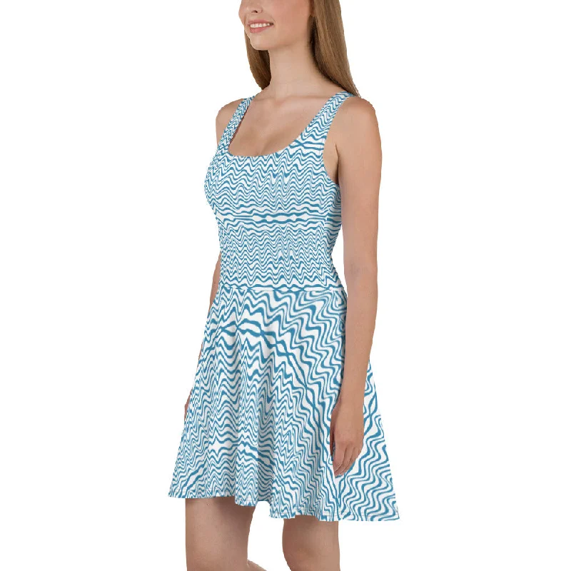 Blue Wavy Women's Skater Dress, Abstract Blue & White Colorful Waves Sleeveless Women's Dress-Made in USA/EU/MX Tunics Fleece cozy Blue Wavy Women's Skater Dress, Abstract Blue & White Colorful Waves Sleeveless Women's Dress-Made in USA/EU/MX Tunics Fleece cozy