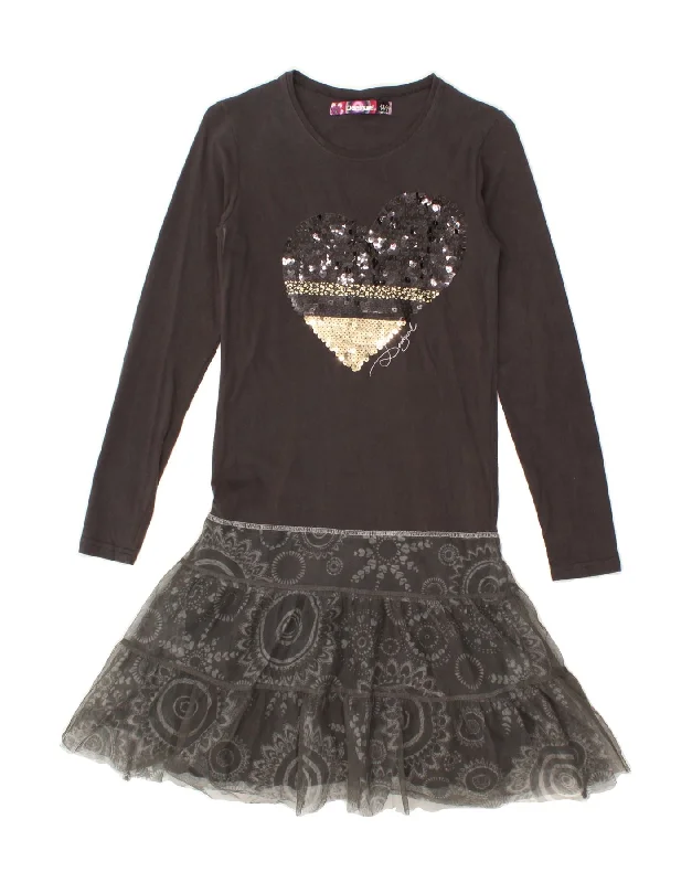 DESIGUAL Girls Graphic Long Sleeve A-Line Dress 13-14 Years Grey Floral Tunics Satin smooth DESIGUAL Girls Graphic Long Sleeve A-Line Dress 13-14 Years Grey Floral Tunics Satin smooth