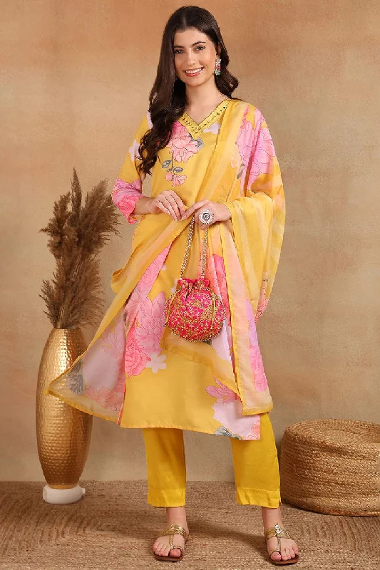 Yellow Cotton Blend Floral Printed Straight Trouser Suit Set Trousers Versatile Stylish