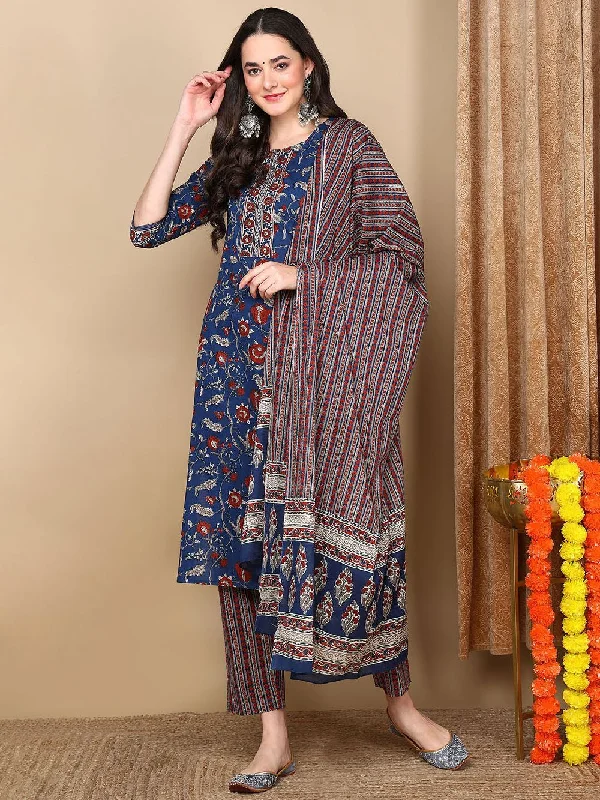 Blue Rayon Blend Floral Printed Straight Kurta Trousers With Dupatta Trousers practical durable