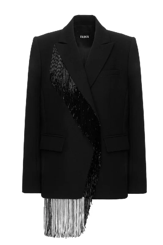 BEADED FRINGE BLACK JACKET Front Pockets Side Pockets Patch Pockets