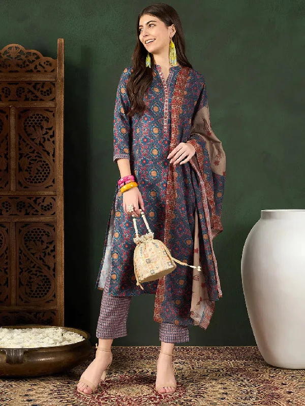 Ahika Women Blue Poly Rayon Floral Printed Straight Kurta Trouser With Dupatta-PKSKD2606 Trousers luxurious premium