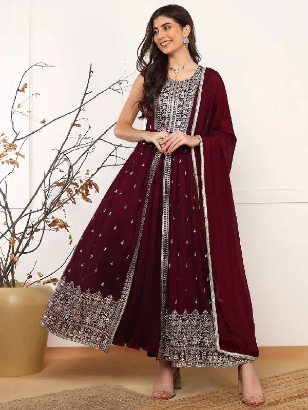 Ahika Women Burgundy Silk Blend Solid Embroidered A-Line Kurta Trouser With Dupatta-PKSKD2562WIN Trousers Canvas Durable