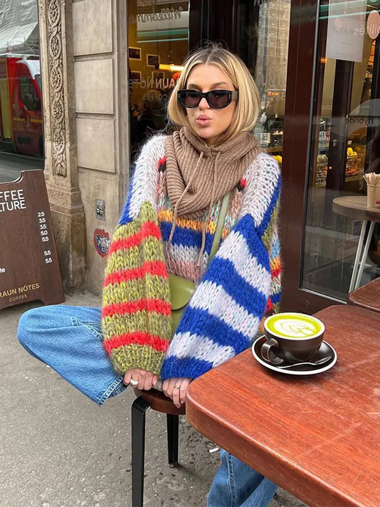 Advbridge Elegant O-neck Long Puff Sleeves Knitted Pullover Women Fashion Colorful Striped Oversized Sweater 2024 New Chic Lady Outerwear Deep Neck Pullover