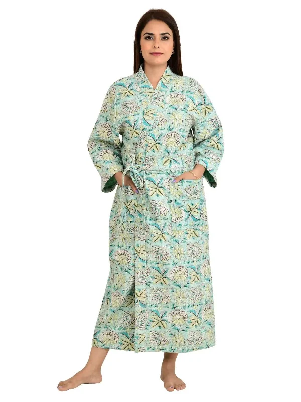 Kantha Stitch 100% Cotton Reversible Long Kimono Women Jacket | Handmade Stitch Robe | Unisex Gift | Green Brown Floral Print Oversized Jacket Tailored Jacket Straight Jacket