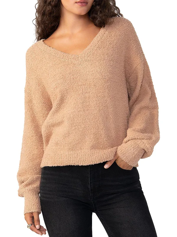 Womens Textured V Neck Pullover Sweater Short Sleeve Top