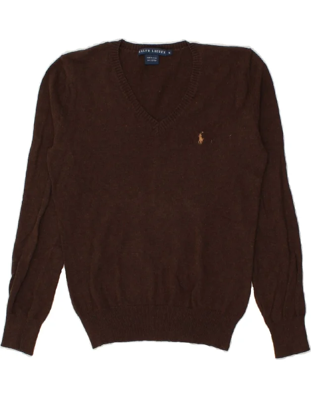 RALPH LAUREN Womens V-Neck Jumper Sweater UK 12 Medium Brown Cotton Denim Fabric Leather Fabric Suede Fabric