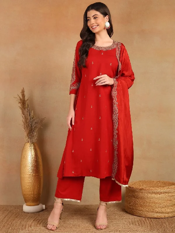 Red Silk Blend Solid Embroidered A-Line Kurta Trouser With Dupatta Trousers Timeless Classic