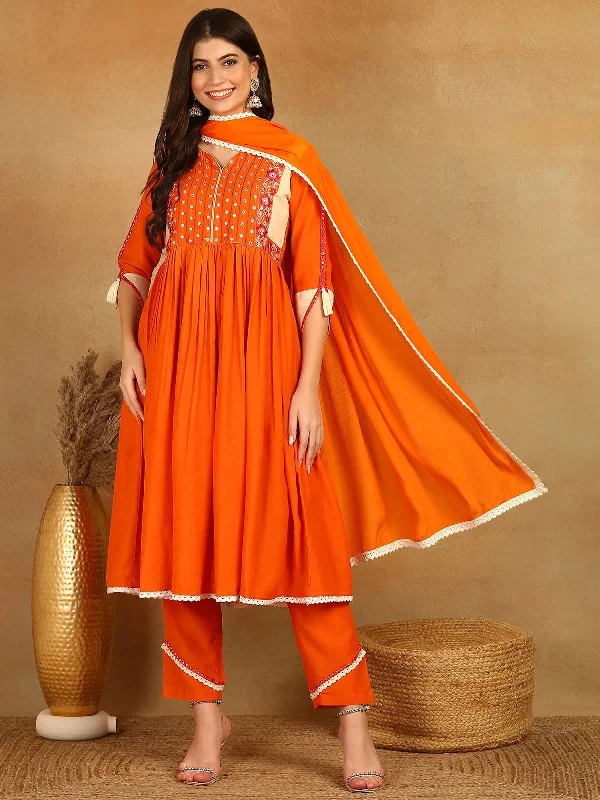 Ahika Women Orange Viscose Rayon Solid Embroidered Anarkali Kurta Trouser With Dupatta-PKSKD2529ORG Trousers Wedding White