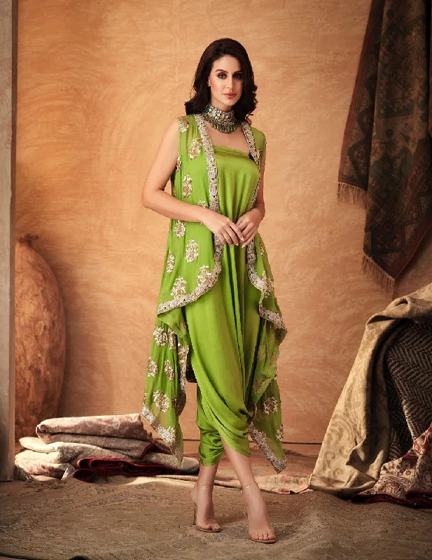 Green & Gold Jacket Dhoti Set Front Pockets Side Pockets Patch Pockets