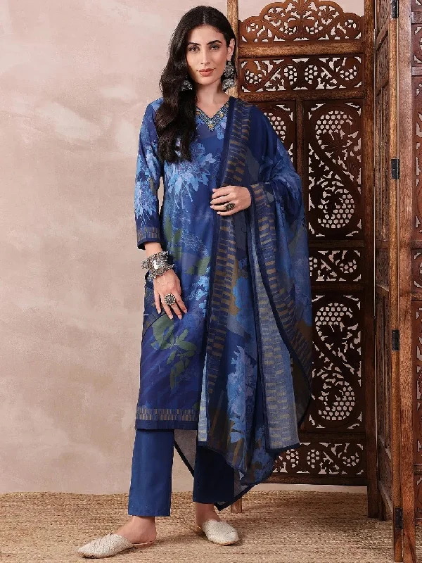 Ahika Women Blue Silk Blend Floral Printed Straight Kurta Trouser With Dupatta-PKSKD2555BLU Trousers luxurious high-end