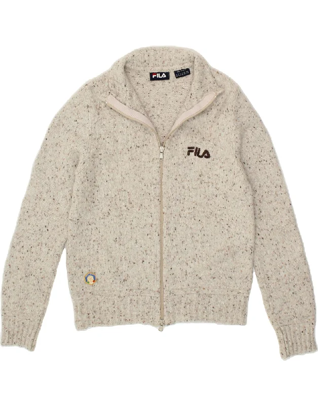 FILA Womens Cardigan Sweater UK 12 Medium  Beige Flecked Wool Welt Pockets Slit Pockets Flap Pockets