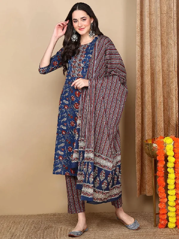 Ahika Women Blue Rayon Blend Floral Printed Straight Kurta Trousers With Dupatta-VKSKD2233 Trousers Brand Named