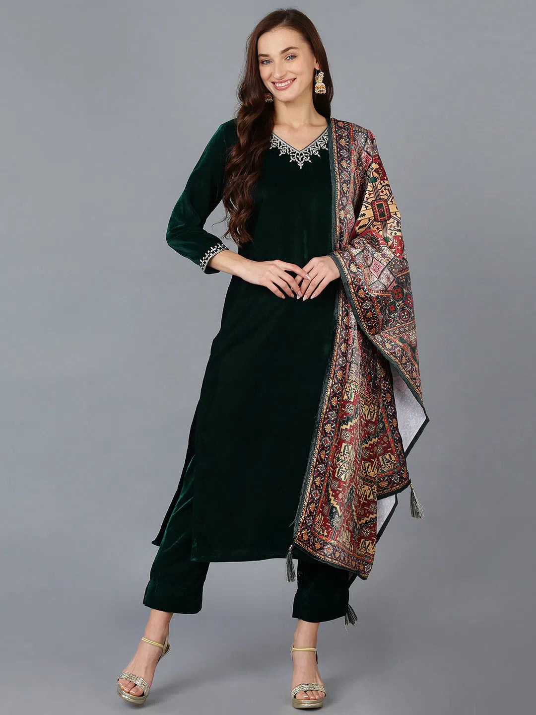 Ahika Women Velvet Embroidered Solid Kurta Trouser-PKSKD1752_XS Trousers Evening Elegant